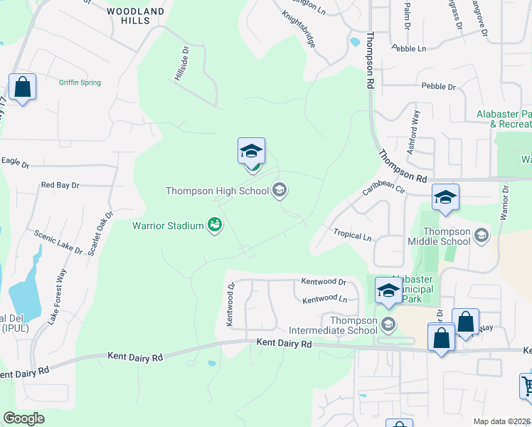 map of restaurants, bars, coffee shops, grocery stores, and more near 1921 Warrior Parkway in Alabaster