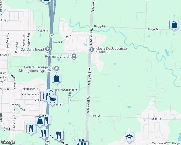 map of restaurants, bars, coffee shops, grocery stores, and more near 838 North Mayhill Road in Denton