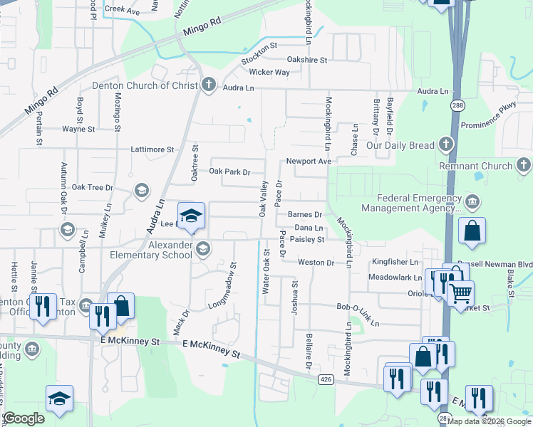 map of restaurants, bars, coffee shops, grocery stores, and more near 605 Pace Drive in Denton