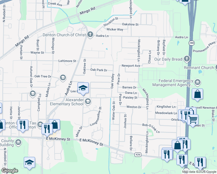 map of restaurants, bars, coffee shops, grocery stores, and more near 2517 Spring Meadows Drive in Denton