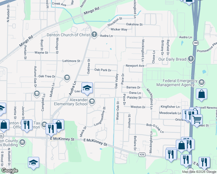 map of restaurants, bars, coffee shops, grocery stores, and more near 2517 Spring Meadows Drive in Denton