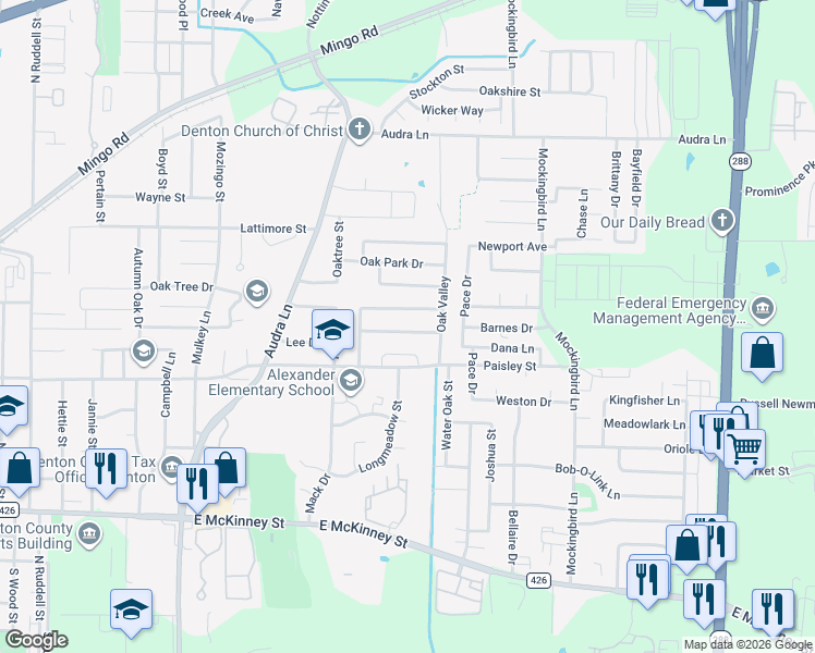 map of restaurants, bars, coffee shops, grocery stores, and more near 2517 Spring Meadows Drive in Denton