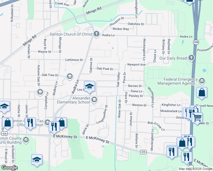 map of restaurants, bars, coffee shops, grocery stores, and more near 2413 Spring Meadows Drive in Denton
