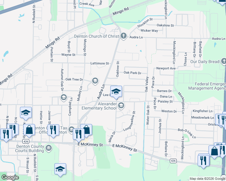 map of restaurants, bars, coffee shops, grocery stores, and more near 1007 Bull Run Street in Denton