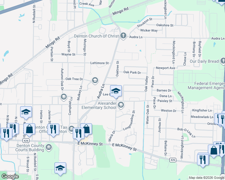 map of restaurants, bars, coffee shops, grocery stores, and more near 1007 Bull Run Street in Denton