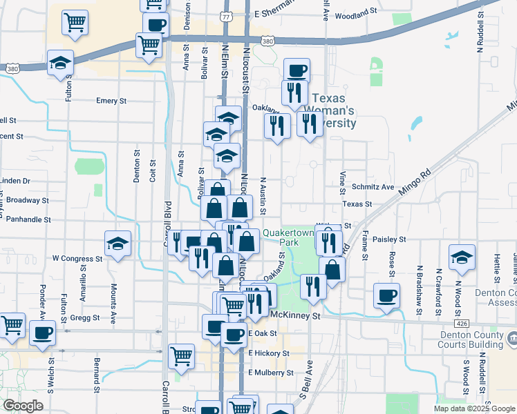 map of restaurants, bars, coffee shops, grocery stores, and more near 912 North Austin Street in Denton