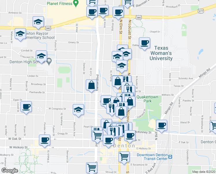 map of restaurants, bars, coffee shops, grocery stores, and more near 817 Bolivar Street in Denton