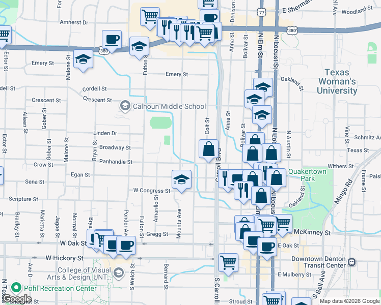 map of restaurants, bars, coffee shops, grocery stores, and more near 812 Alice Street in Denton