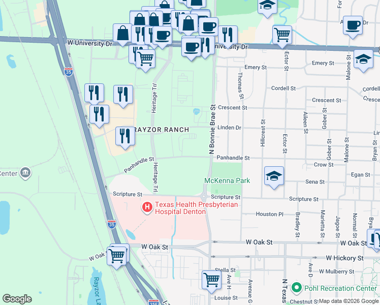 map of restaurants, bars, coffee shops, grocery stores, and more near 801-999 North Bonnie Brae Street in Denton