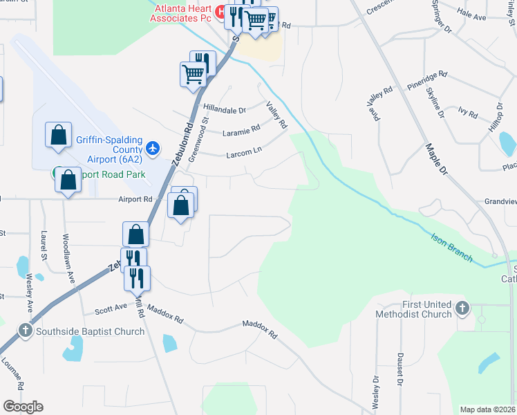 map of restaurants, bars, coffee shops, grocery stores, and more near 1041 Cold Water Drive in Griffin