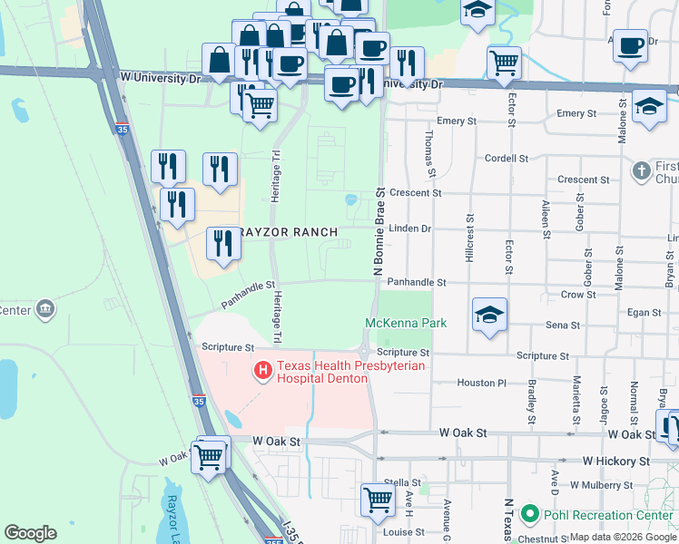 map of restaurants, bars, coffee shops, grocery stores, and more near 801-999 North Bonnie Brae Street in Denton