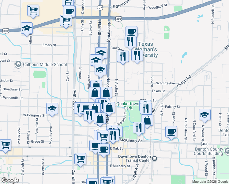 map of restaurants, bars, coffee shops, grocery stores, and more near 911 North Austin Street in Sanger
