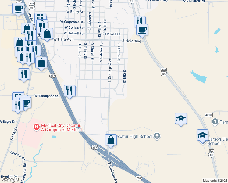 map of restaurants, bars, coffee shops, grocery stores, and more near 402 East Walker Street in Decatur