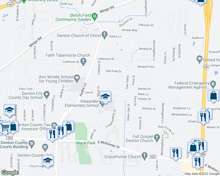 map of restaurants, bars, coffee shops, grocery stores, and more near 2413 Spring Meadows Drive in Denton