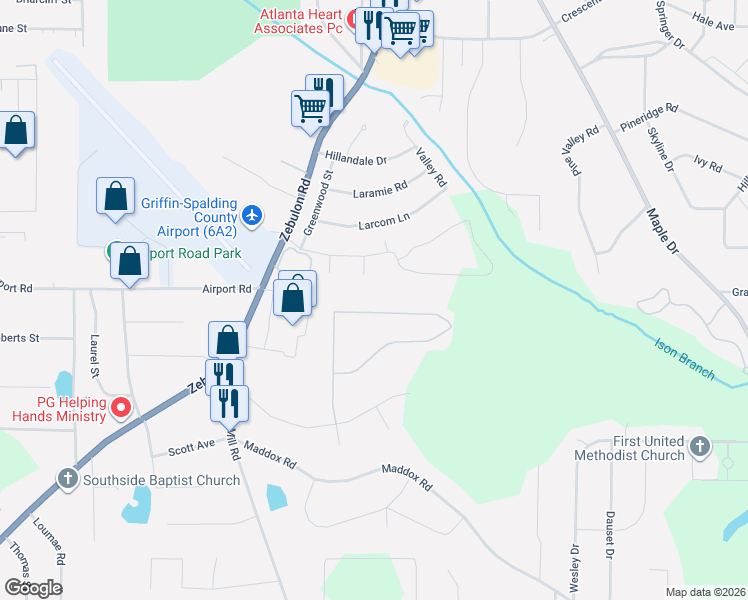 map of restaurants, bars, coffee shops, grocery stores, and more near 1051 Cold Water Drive in Griffin