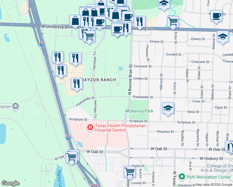 map of restaurants, bars, coffee shops, grocery stores, and more near 801-999 North Bonnie Brae Street in Denton