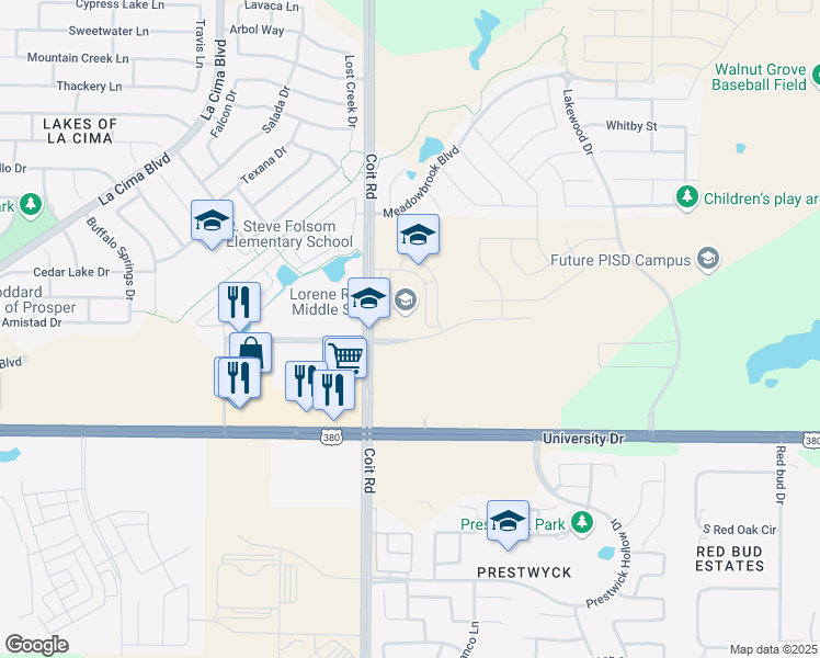 map of restaurants, bars, coffee shops, grocery stores, and more near 1001 Coit Road in Prosper