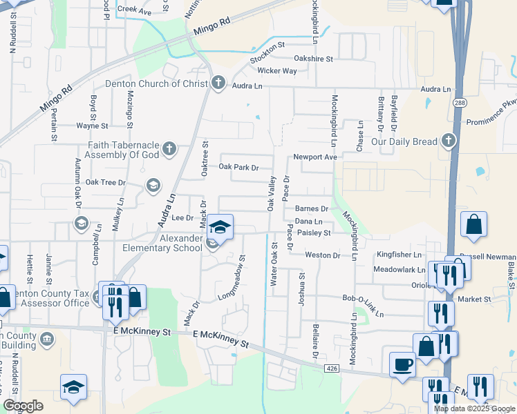 map of restaurants, bars, coffee shops, grocery stores, and more near 2517 Spring Meadows Drive in Denton