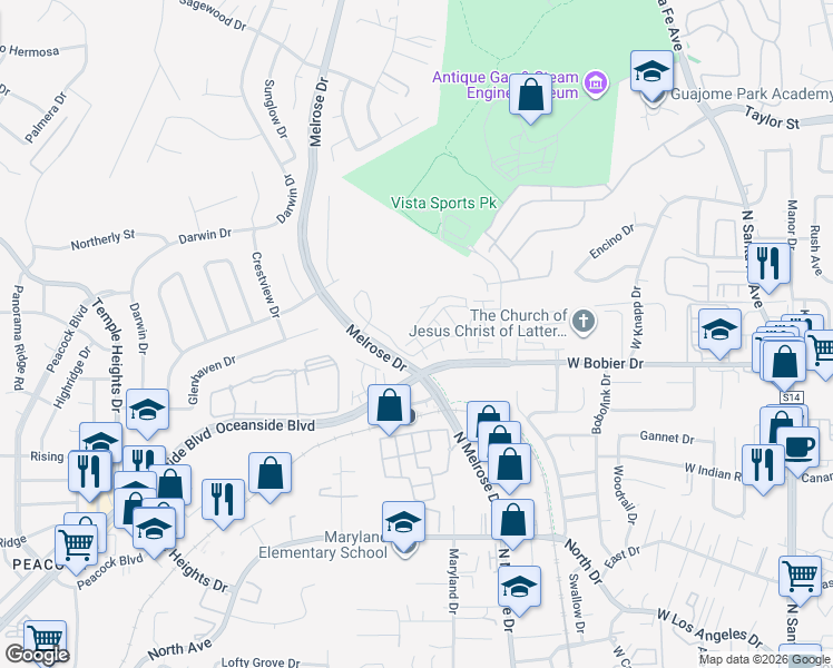 map of restaurants, bars, coffee shops, grocery stores, and more near 1728 Valley Oak Way in Oceanside