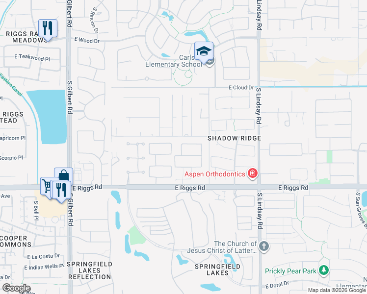 map of restaurants, bars, coffee shops, grocery stores, and more near 3521 East Aquarius Place in Chandler