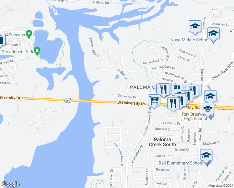 map of restaurants, bars, coffee shops, grocery stores, and more near 1107 Goldeneye Drive in Aubrey