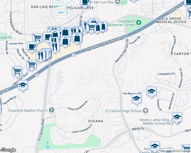 map of restaurants, bars, coffee shops, grocery stores, and more near 3891 San Ramon Drive in Oceanside