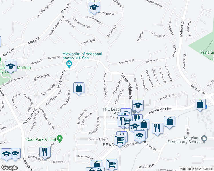 map of restaurants, bars, coffee shops, grocery stores, and more near 1402 Panorama Ridge Road in Oceanside