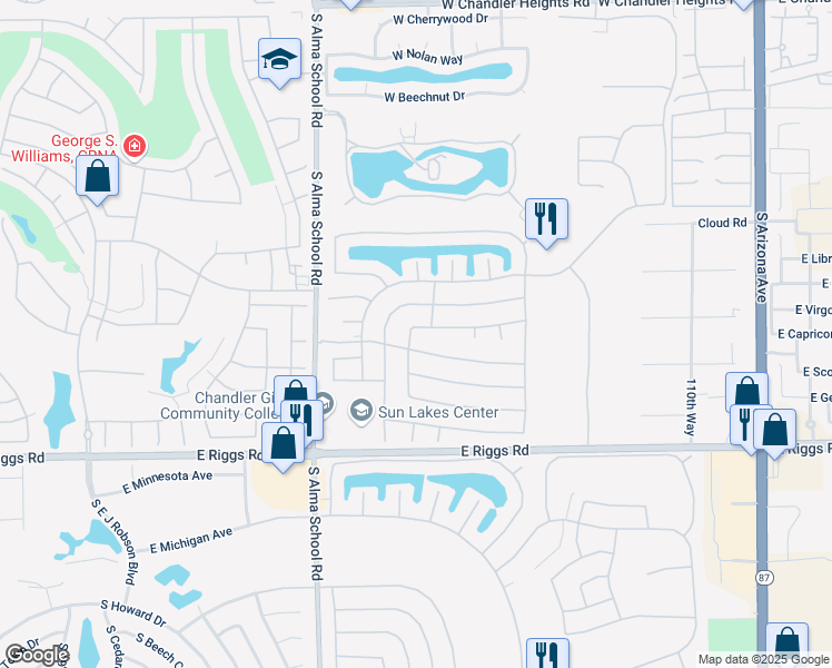 map of restaurants, bars, coffee shops, grocery stores, and more near 24644 South Foxglenn Drive in Sun Lakes