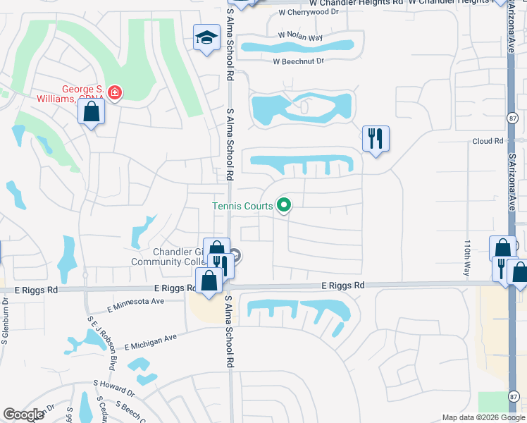 map of restaurants, bars, coffee shops, grocery stores, and more near 24649 South Rosewood Drive in Sun Lakes