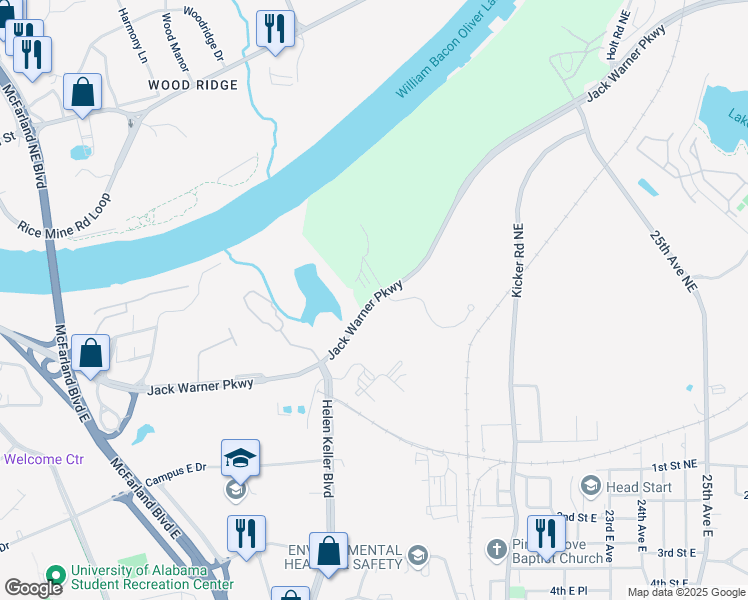 map of restaurants, bars, coffee shops, grocery stores, and more near Jack Warner Parkway Northeast in Tuscaloosa