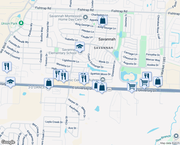 map of restaurants, bars, coffee shops, grocery stores, and more near 816 Hartsfield Street in Aubrey