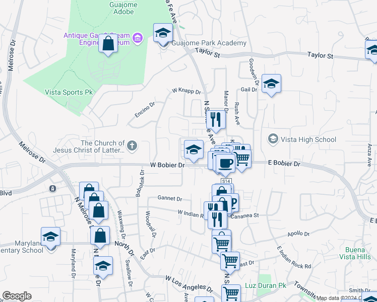 map of restaurants, bars, coffee shops, grocery stores, and more near 245 West Bobier Drive in Vista