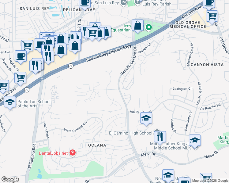 map of restaurants, bars, coffee shops, grocery stores, and more near 3935 San Ramon Drive in Oceanside