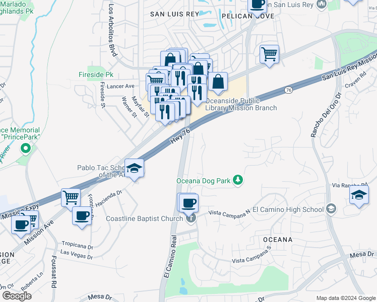 map of restaurants, bars, coffee shops, grocery stores, and more near 228 South El Camino Real in Oceanside