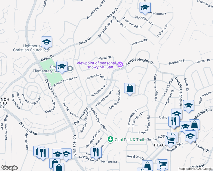 map of restaurants, bars, coffee shops, grocery stores, and more near 4953 Calle Sobrado in Oceanside