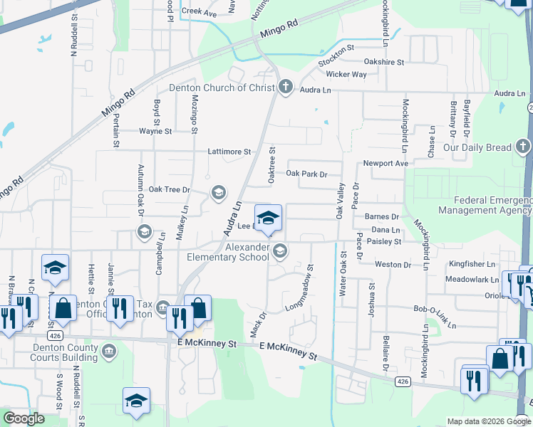 map of restaurants, bars, coffee shops, grocery stores, and more near 1006 Mack Place in Denton