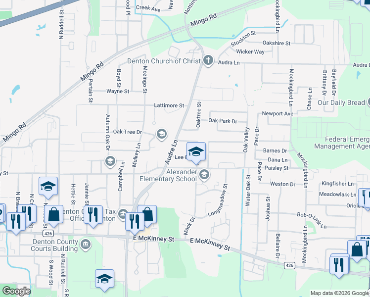 map of restaurants, bars, coffee shops, grocery stores, and more near 1007 Bull Run Street in Denton