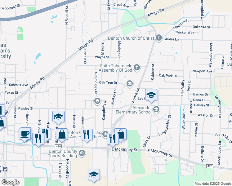 map of restaurants, bars, coffee shops, grocery stores, and more near 1713 Meadow Oak Street in Denton