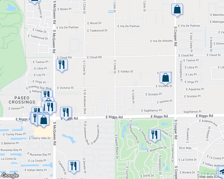 map of restaurants, bars, coffee shops, grocery stores, and more near 24812 South 124th Street in Chandler
