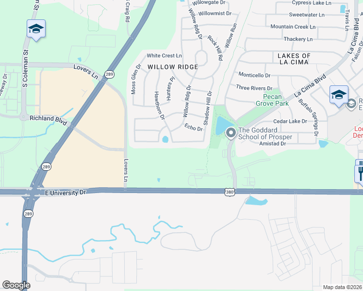 map of restaurants, bars, coffee shops, grocery stores, and more near 720 Dentwood Trail in Prosper