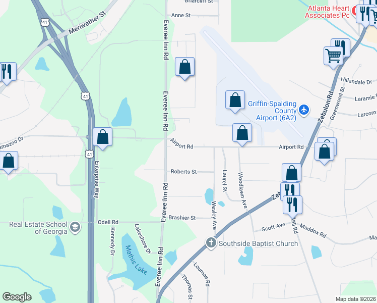 map of restaurants, bars, coffee shops, grocery stores, and more near 236 Airport Road in Griffin