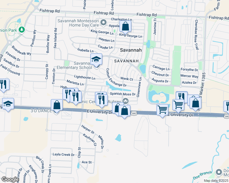 map of restaurants, bars, coffee shops, grocery stores, and more near 816 Hartsfield Street in Aubrey