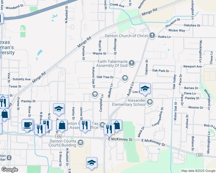 map of restaurants, bars, coffee shops, grocery stores, and more near 1713 Meadow Oak Street in Denton