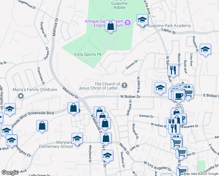 map of restaurants, bars, coffee shops, grocery stores, and more near 553 West Bobier Drive in Vista