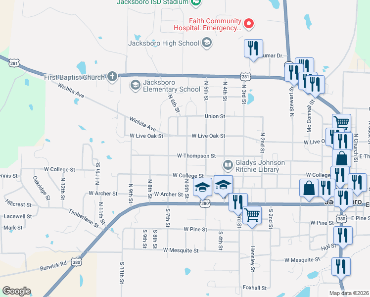 map of restaurants, bars, coffee shops, grocery stores, and more near 834 West Thompson Street in Jacksboro