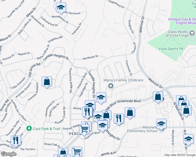 map of restaurants, bars, coffee shops, grocery stores, and more near 1437 Darwin Drive in Oceanside