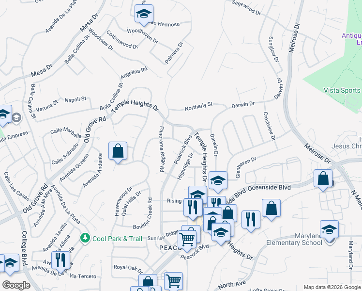 map of restaurants, bars, coffee shops, grocery stores, and more near 1411 Peacock Boulevard in Oceanside