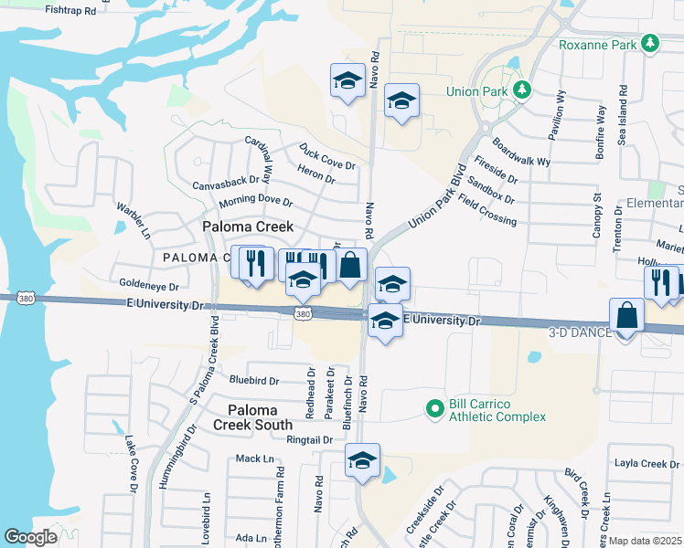 map of restaurants, bars, coffee shops, grocery stores, and more near 708 Lark Drive in Aubrey