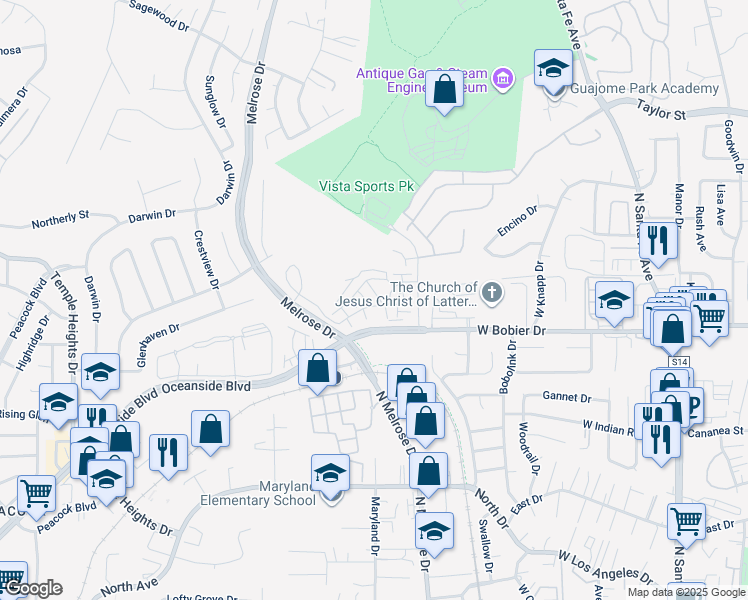 map of restaurants, bars, coffee shops, grocery stores, and more near 553 W Bobier Dr in Vista