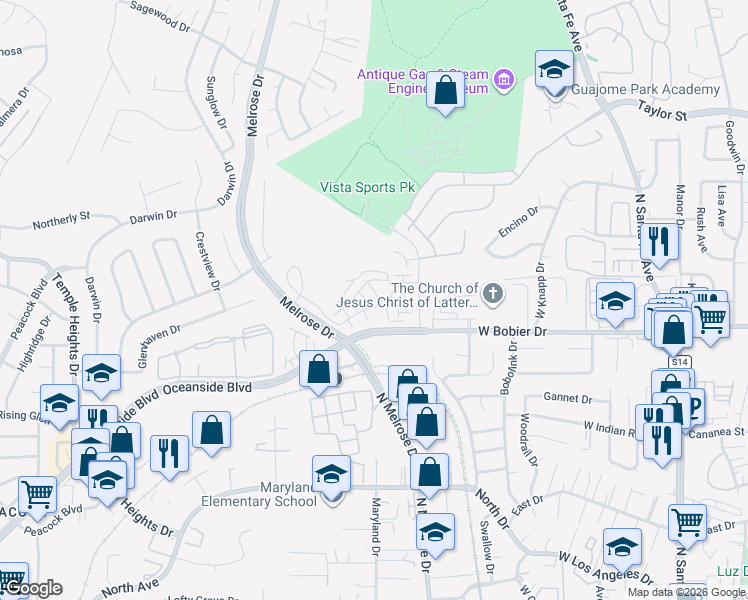 map of restaurants, bars, coffee shops, grocery stores, and more near 1851 Mesquite Way in Oceanside